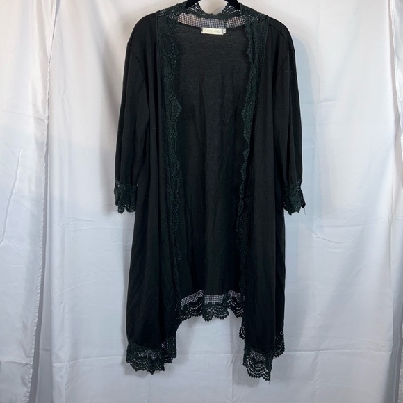 Hipster Row Cardigan Lace Crochet Trim Full Length 3/4 Sleeve Flowy Duster Top - Picture 4 of 9